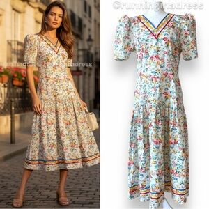 Vintage 80s Go Vicki Floral Chintz Drop Waist Puff Sleeve Prairie Midi Dress